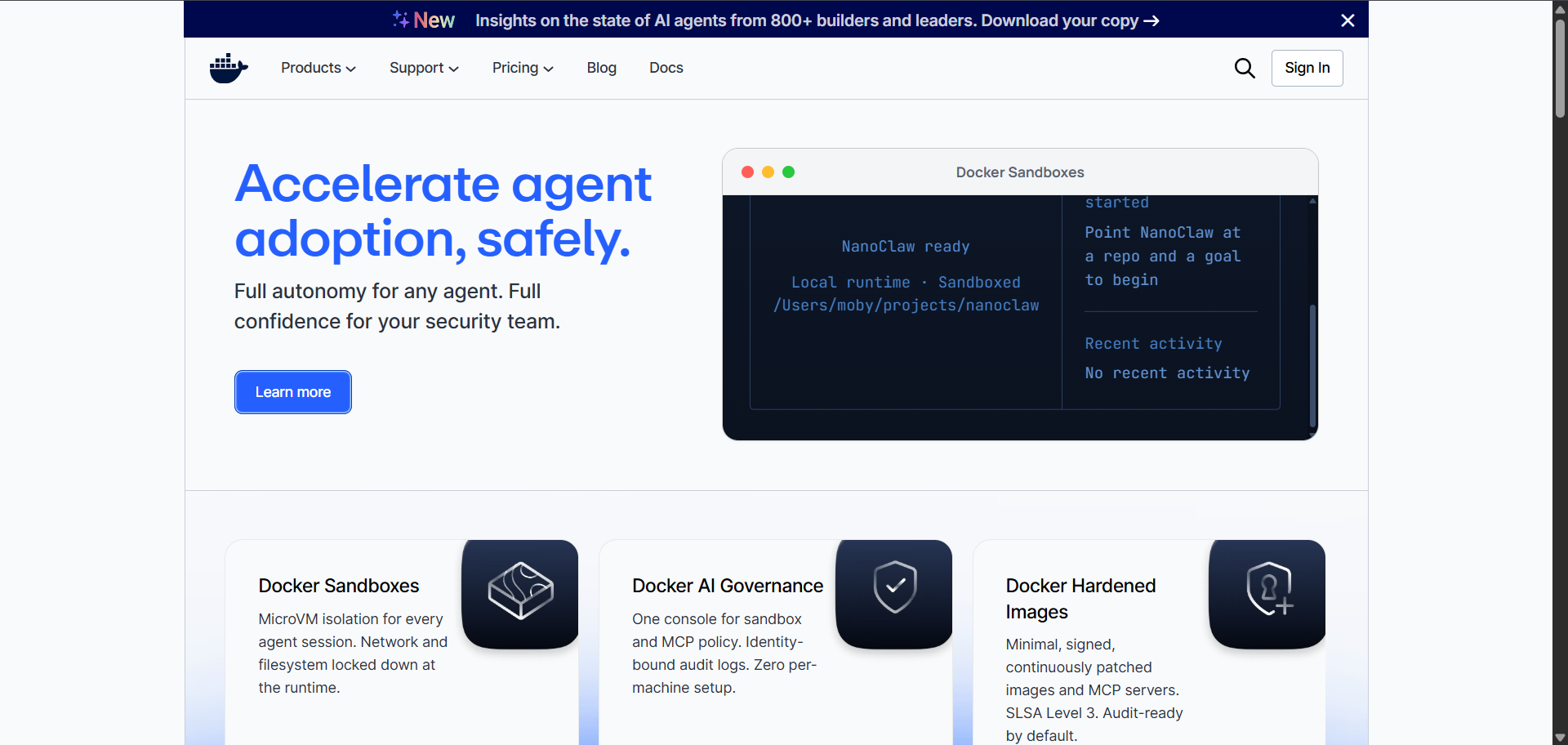 Docker website showing secure AI agent adoption