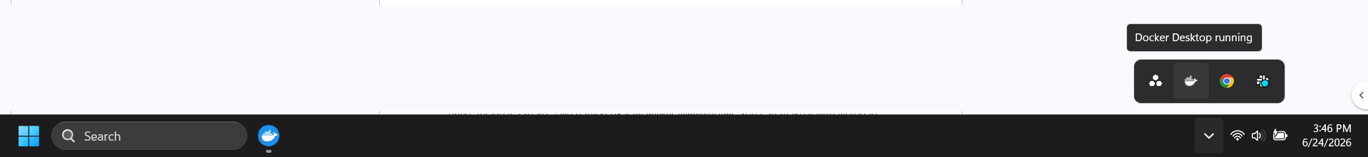Docker Desktop running on Windows with the Docker engine active and ready to launch containers.