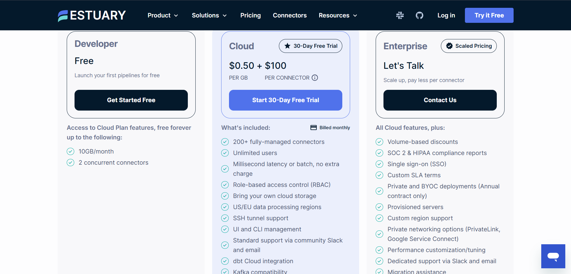 Estuary pricing plans showing free Developer, usage-based Cloud, and custom Enterprise data pipeline options