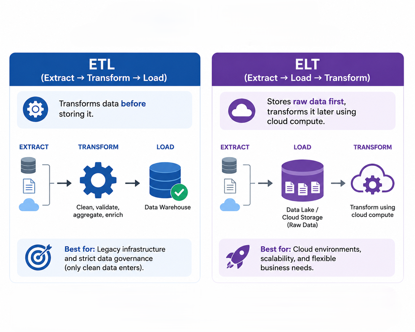 Side-by-side comparison of ETL and ELT workflows, showing when data is transformed and where each approach works best.
