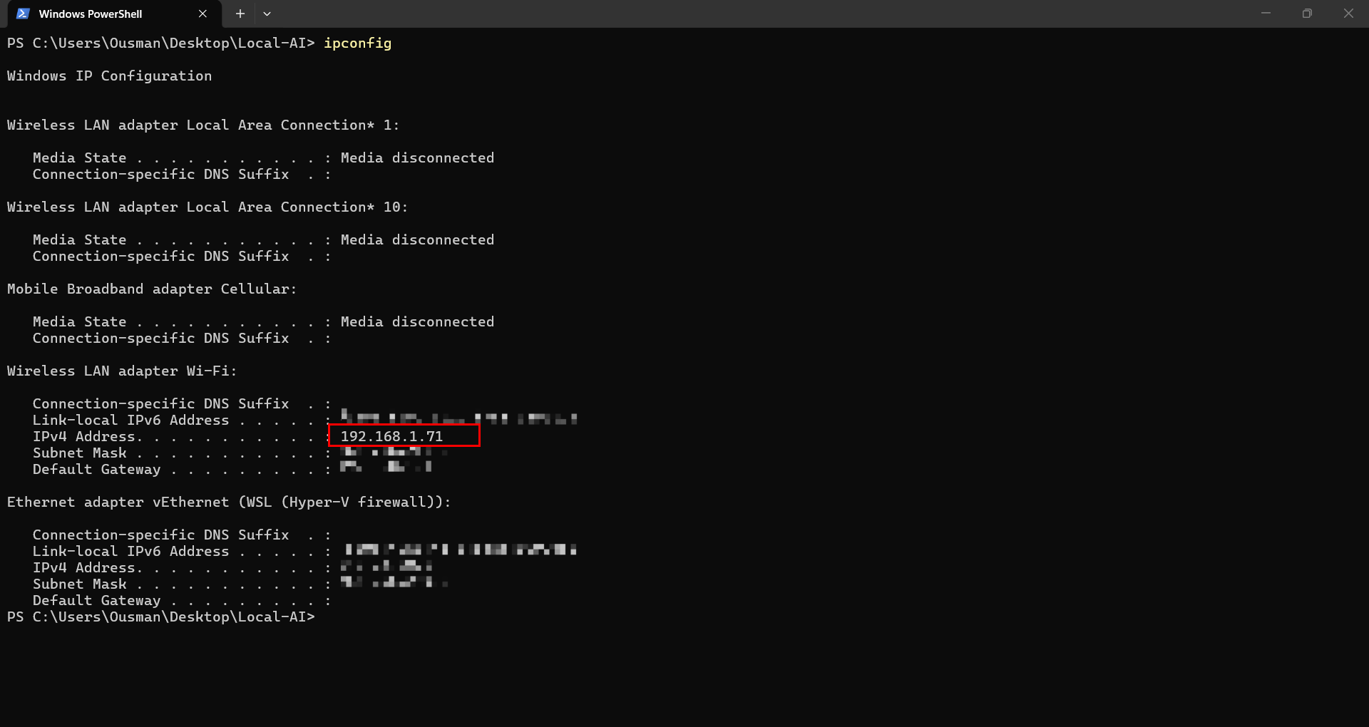 Windows PowerShell showing the ipconfig command with the computer’s local IPv4 address highlighted.
