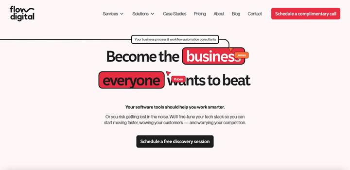 Flow Digital homepage with a Become the business everyone wants to beat headline and a free discovery session button.