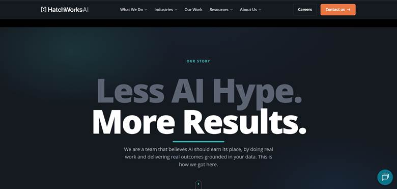 HatchWorks AI about page featuring the message “Less AI Hype. More Results.” and a focus on practical AI outcomes.