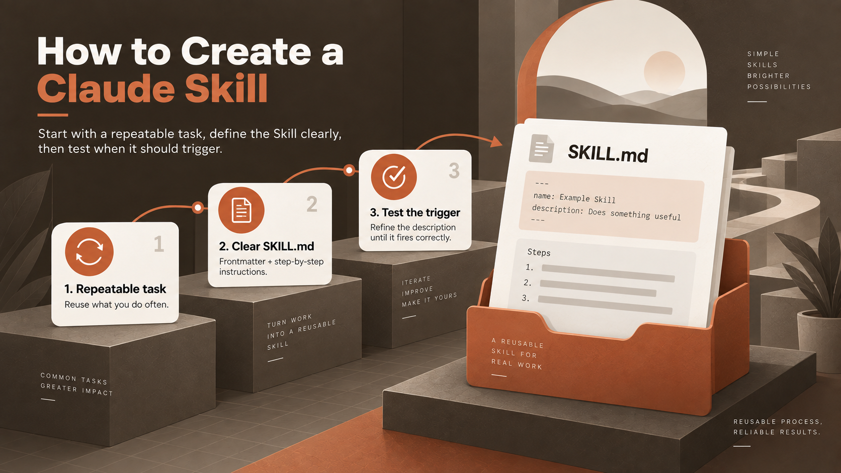 Step-by-step diagram for creating a Claude Skill by identifying a repeatable task, writing SKILL.md, and testing the trigger.