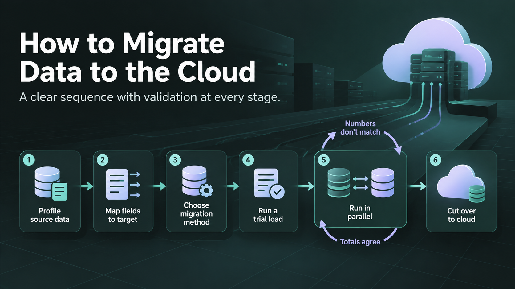 How to migrate data to the cloud: profile, map fields, choose a method, trial load, run in parallel, and cut over.