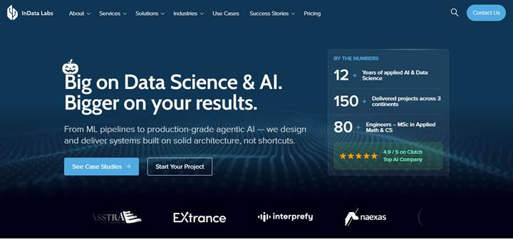 InData Labs homepage with a Big on Data Science and AI headline, project and engineer counts, and a 4.9 Clutch badge.