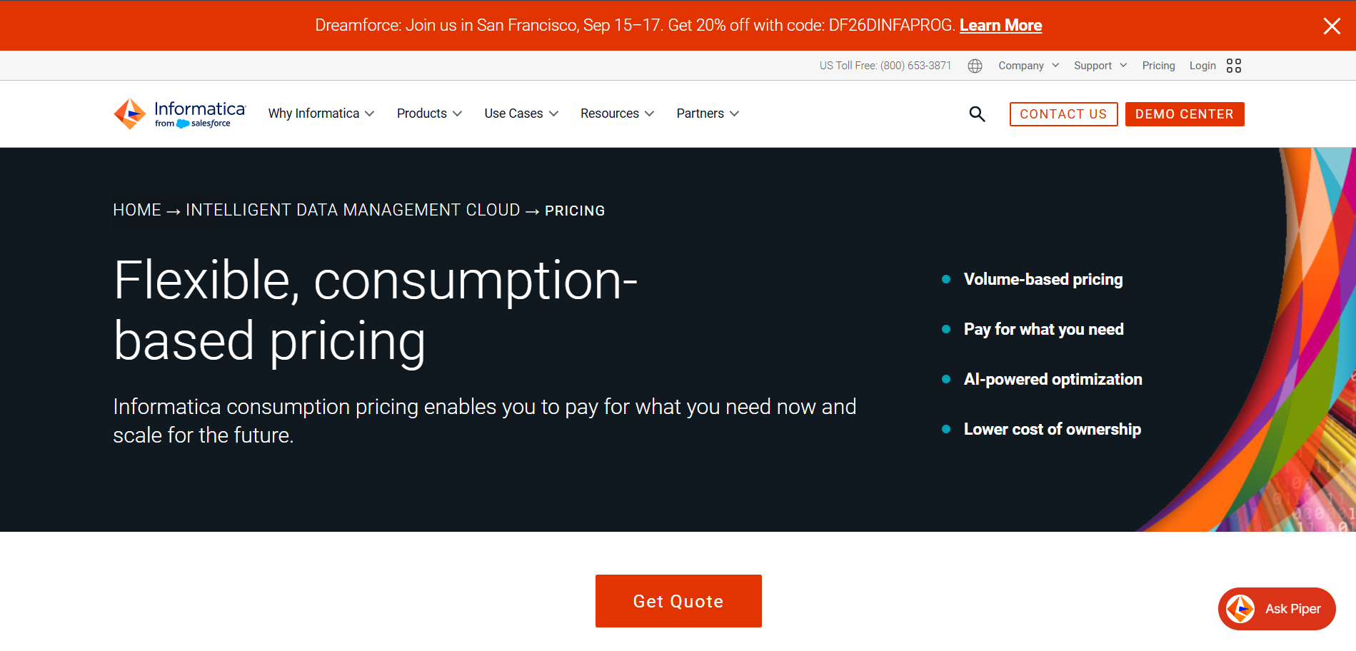 Informatica pricing page explaining flexible consumption-based pricing for enterprise data management services