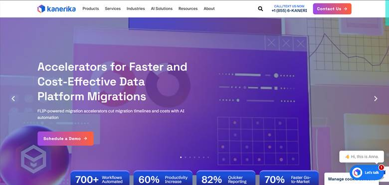 Kanerika data platform migration page highlighting AI-powered accelerators for faster, cost-effective migrations and automation.