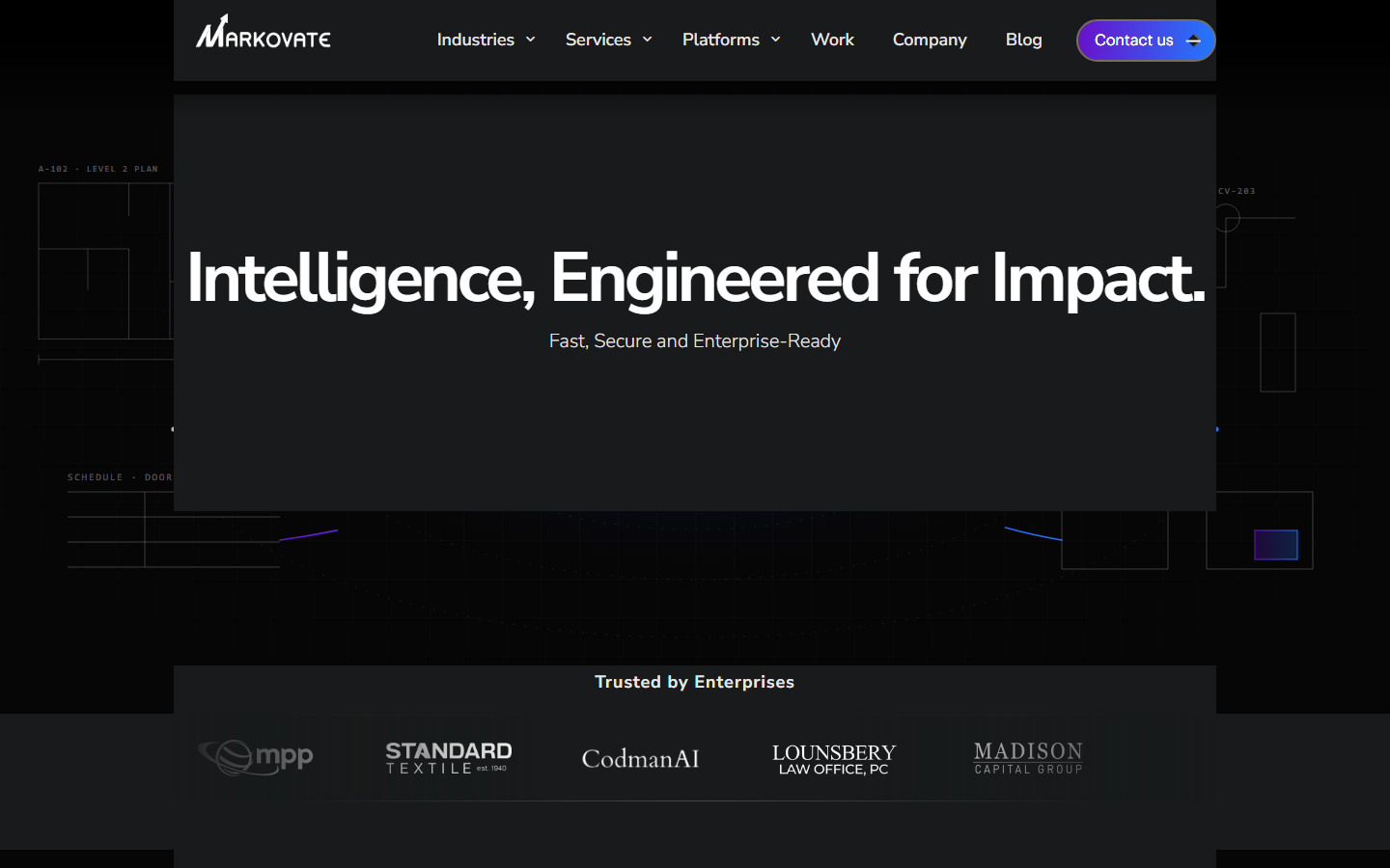 Markovate homepage with an Intelligence, Engineered for Impact headline and enterprise client logos below.