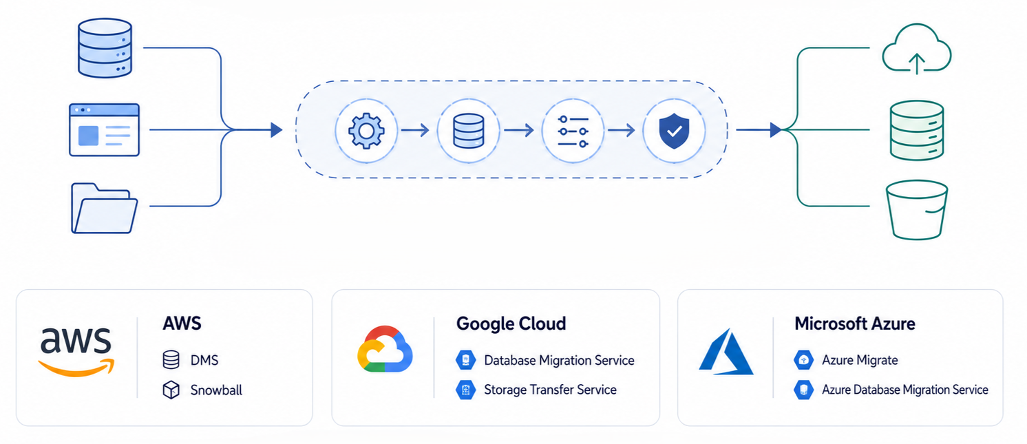 Multi-cloud data migration workflow moving data through processing and validation into cloud storage and databases.
