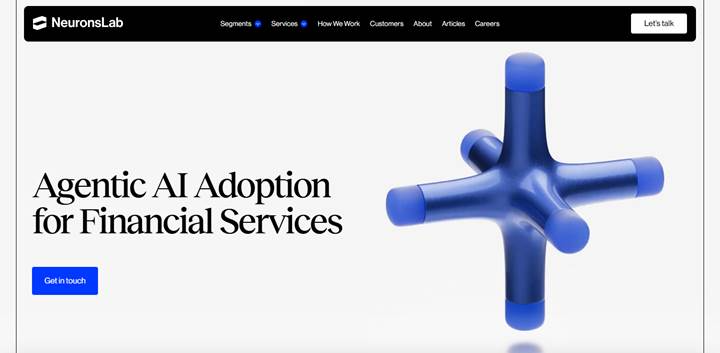 Neurons Lab homepage with an Agentic AI Adoption for Financial Services headline beside a blue 3D cross shape.