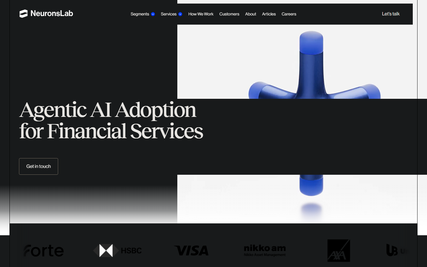 Neurons Lab homepage on agentic AI adoption for financial services, with HSBC, Visa, and AXA logos below.