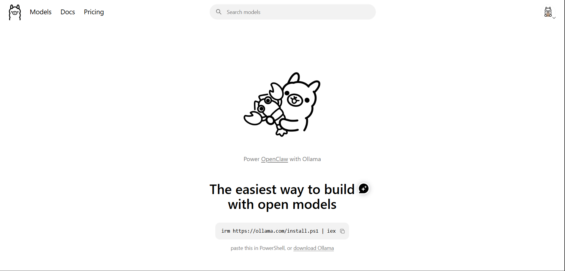 Ollama website showing its open model platform, OpenClaw integration, and a PowerShell installation command.