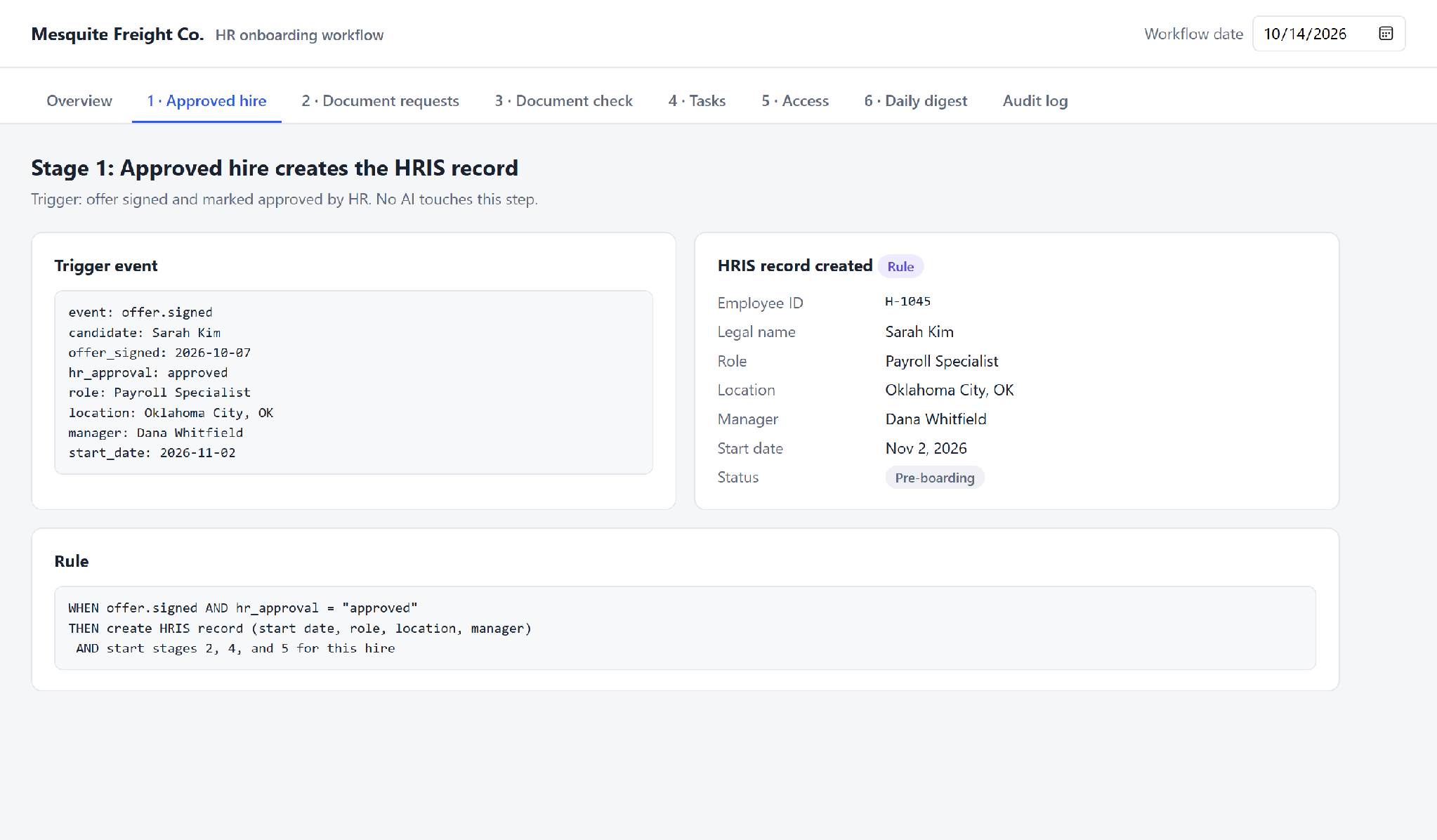 Onboarding dashboard showing a signed offer event, the HRIS record it creates, and the rule linking the two.