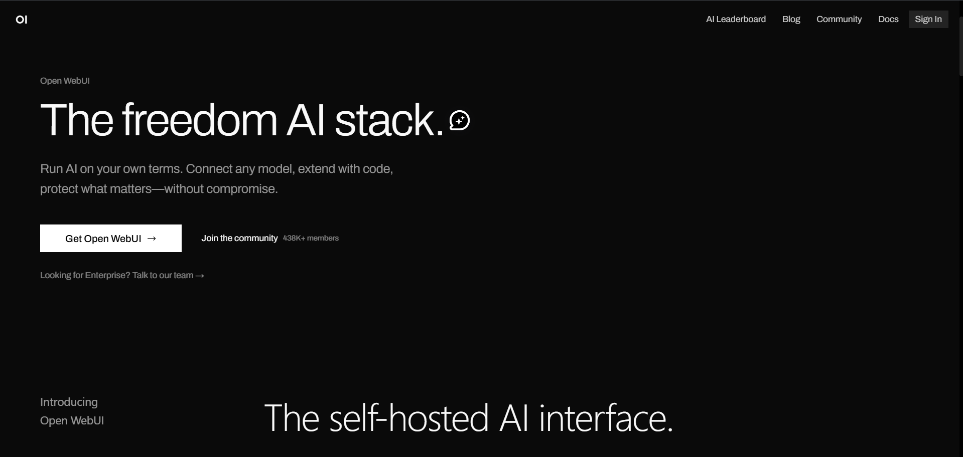 Open WebUI homepage presenting a self-hosted AI interface for connecting models, extending with code, and protecting data.
