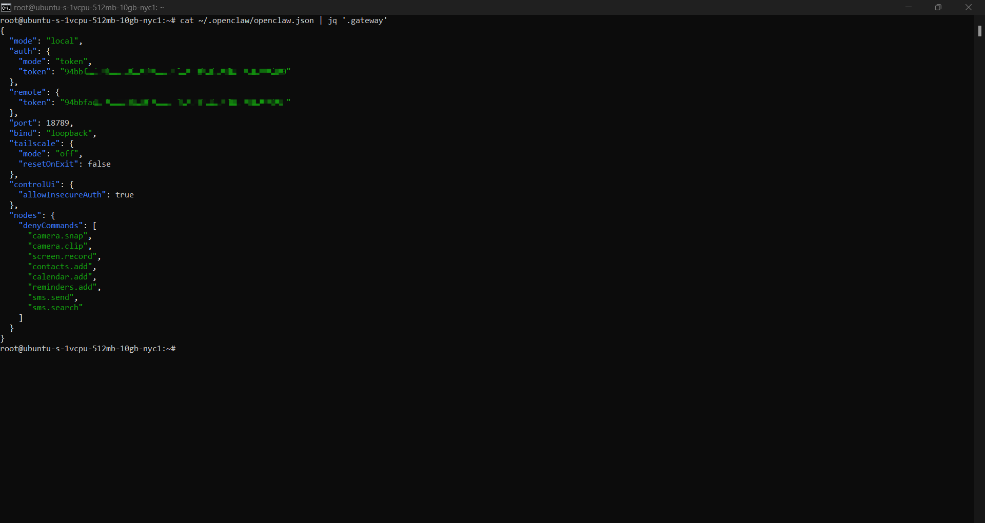 Terminal showing OpenClaw gateway settings with token authentication, loopback binding, and restricted device commands.