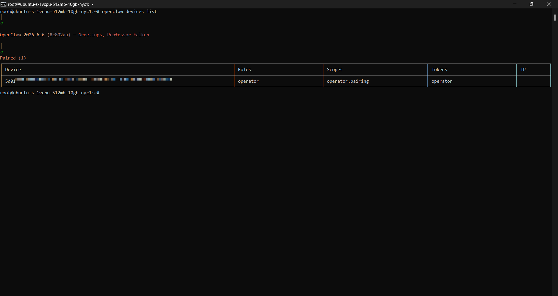 Terminal showing one paired OpenClaw device with operator role, pairing scope, and operator token.