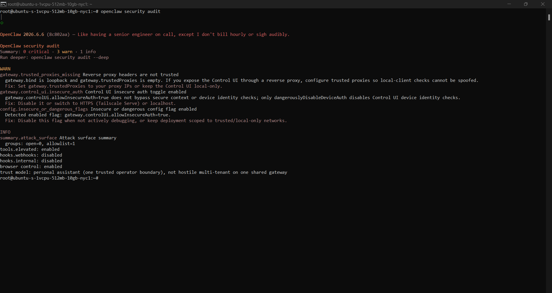 OpenClaw security audit showing zero critical issues, three warnings, and one informational finding.