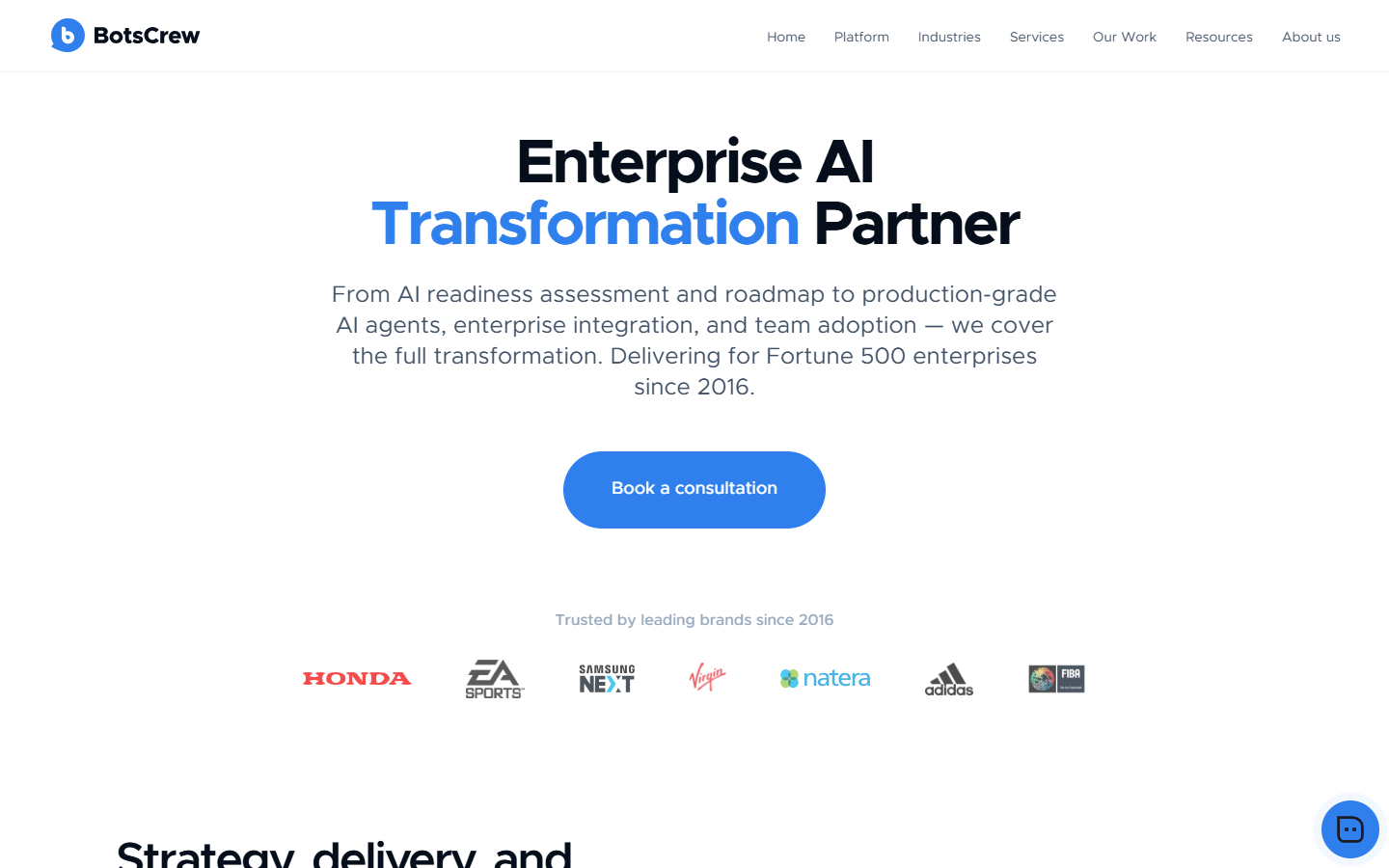 BotsCrew homepage presenting an enterprise AI transformation partner, with a consultation button and brand logos below.
