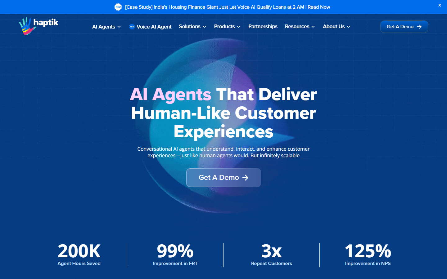 Haptik homepage on AI agents for customer experience, with agent hours saved, response time, and NPS figures below.