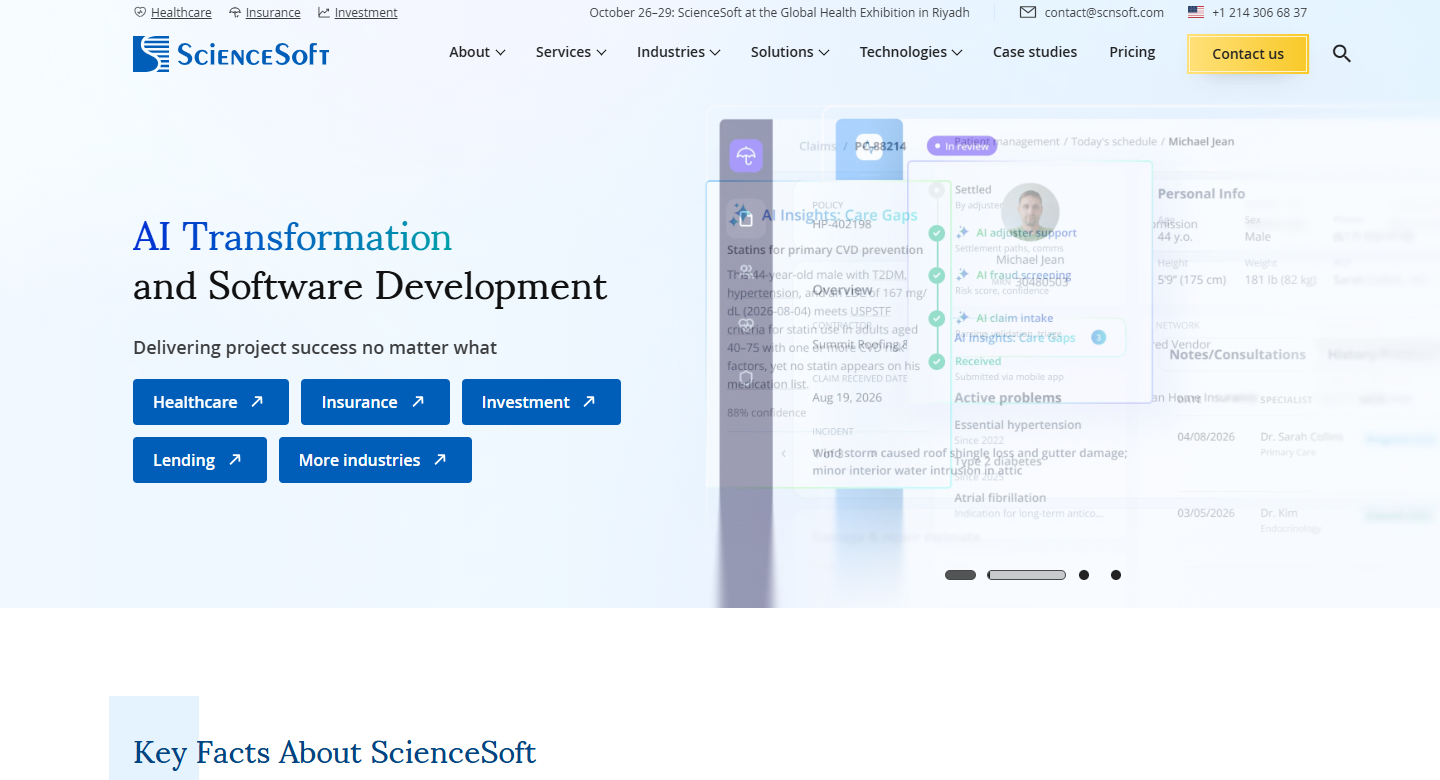ScienceSoft homepage on AI transformation, with healthcare, insurance, investment, and lending buttons beside claim screens.