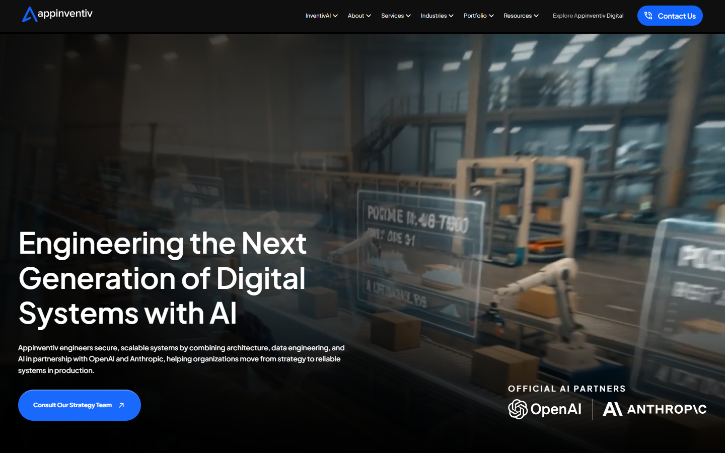 Appinventiv homepage headline over a robotic warehouse scene, with OpenAI and Anthropic shown as official AI partners.
