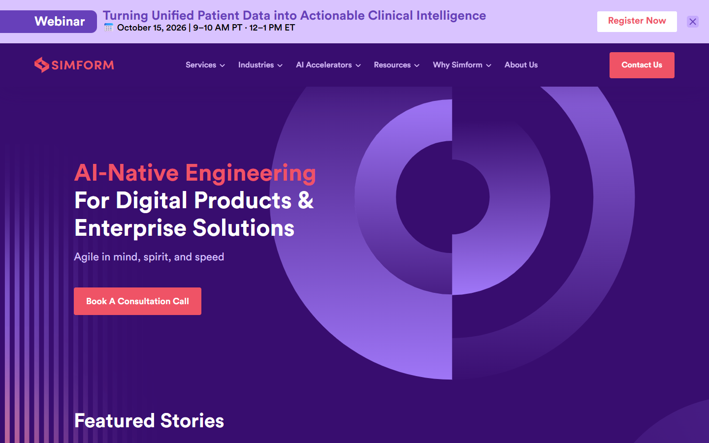 Simform homepage on AI-native engineering for digital products, with a consultation button beside purple ring graphics.