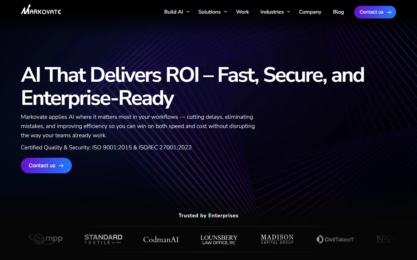 Markovate homepage headline on AI that delivers ROI, with ISO certifications and enterprise client logos below.