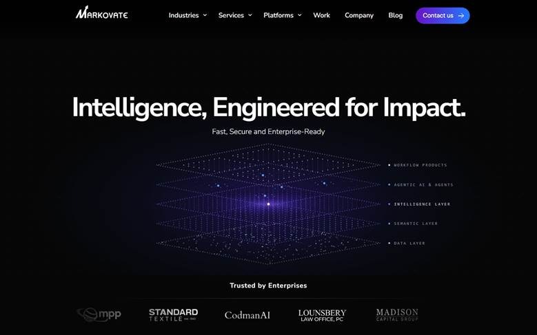 Markovate homepage headline above a layered graphic of data, semantic, intelligence, and agent layers.