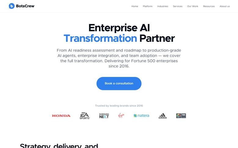 BotsCrew homepage presenting an enterprise AI transformation partner, with a consultation button and brand logos.