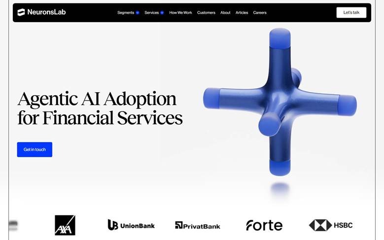 Neurons Lab homepage on agentic AI adoption for financial services, with bank and insurer logos below.