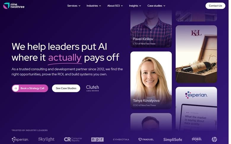 NineTwoThree homepage on putting AI where it pays off, with team portraits and client logos.