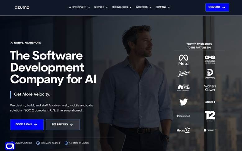 Azumo homepage calling itself the software development company for AI, with startup and Fortune 500 logos.