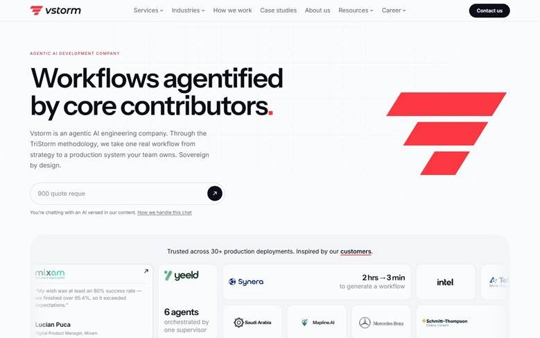 Vstorm homepage on agentified workflows, with production deployment results and client logos below.