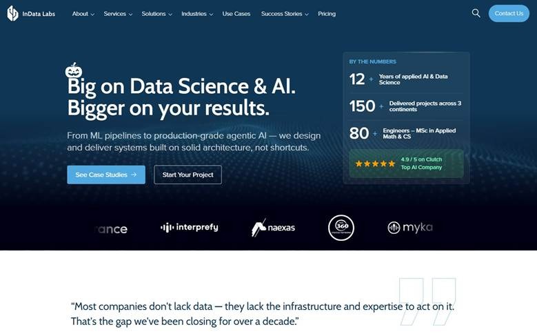 InData Labs homepage on data science and AI, with years, projects, engineers, and Clutch rating figures.