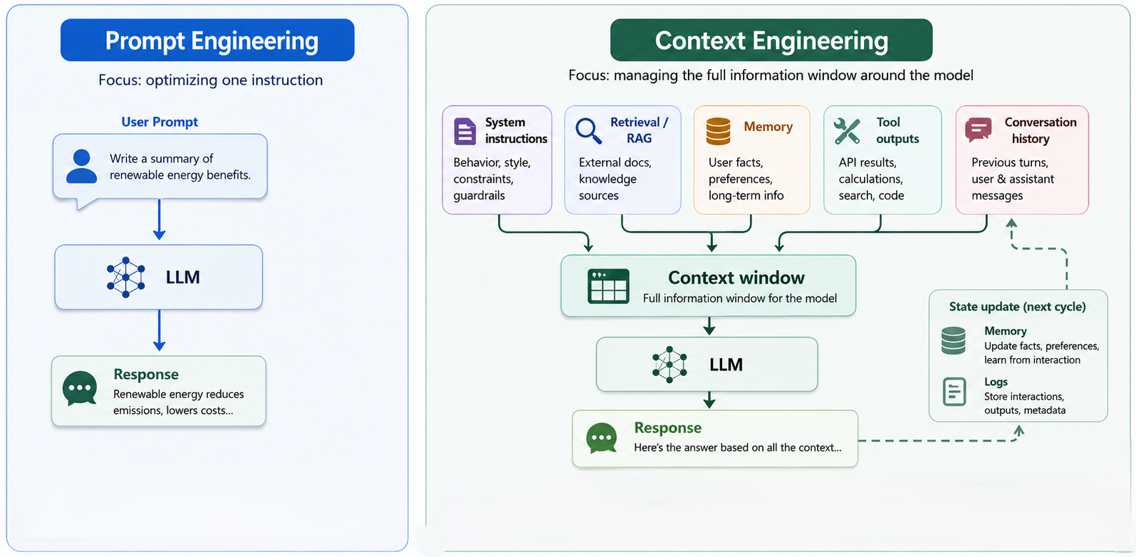 Diagram comparing prompt engineering’s single-instruction flow with context engineering’s full context assembly process.