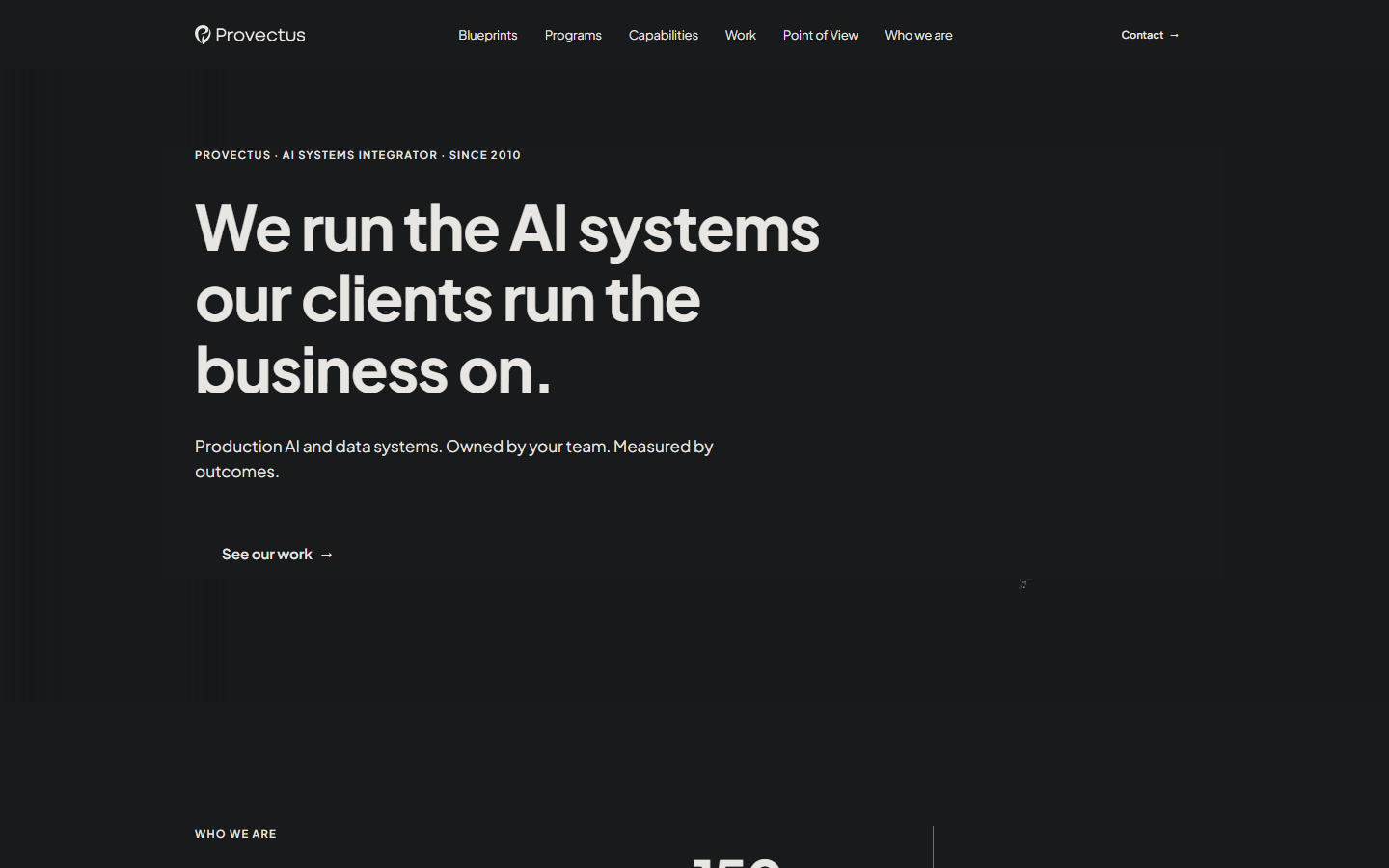 Provectus homepage on a dark background, introducing an AI systems integrator since 2010 with a See our work link.