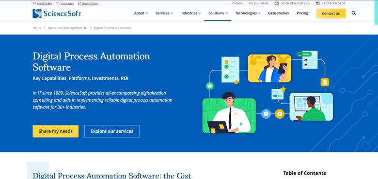 ScienceSoft page promoting digital process automation software, platforms, consulting, and implementation services across industries.