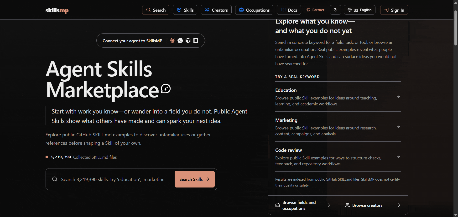 SkillsMP Agent Skills Marketplace page for browsing public SKILL.md examples by keyword, occupation, or creator.
