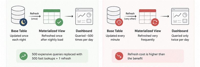 Comparison showing materialized views save cost for frequent dashboard queries but cost more when base tables update every minute.