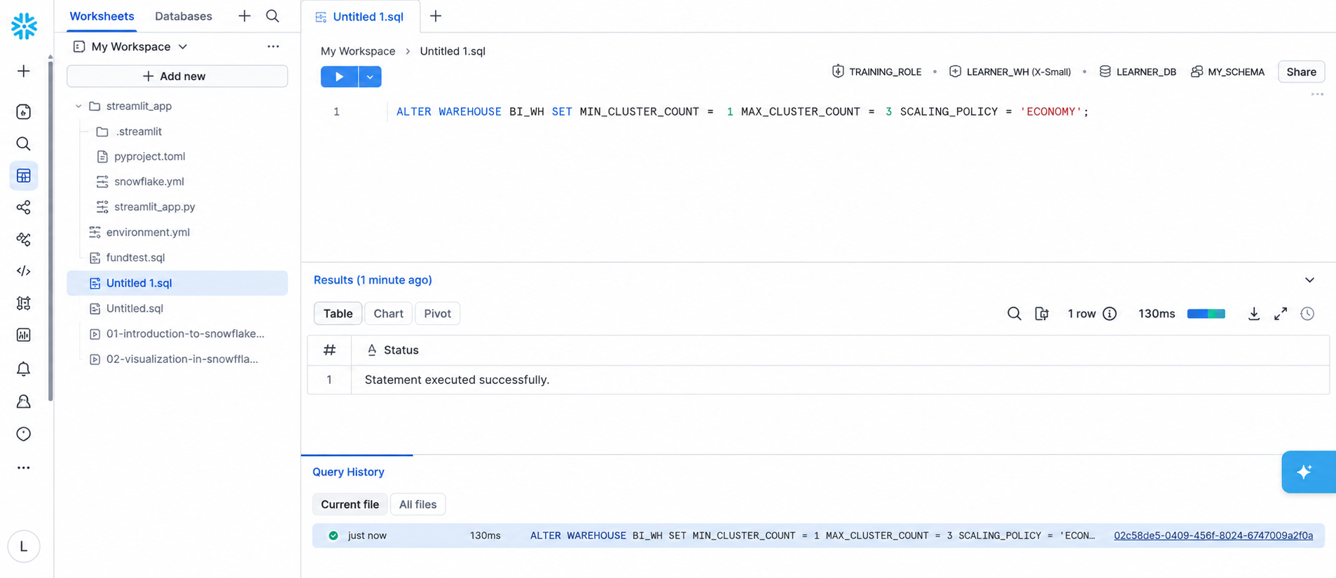 Snowflake SQL worksheet showing an ALTER WAREHOUSE command executed successfully with query results and query history visible.
