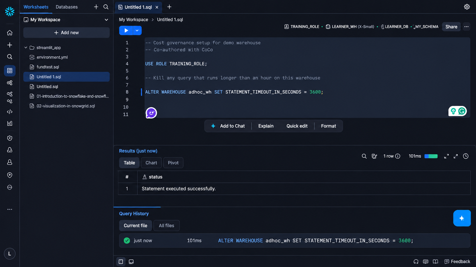 Snowflake dark mode SQL worksheet showing a STATEMENT_TIMEOUT_IN_SECONDS configuration with successful query execution.