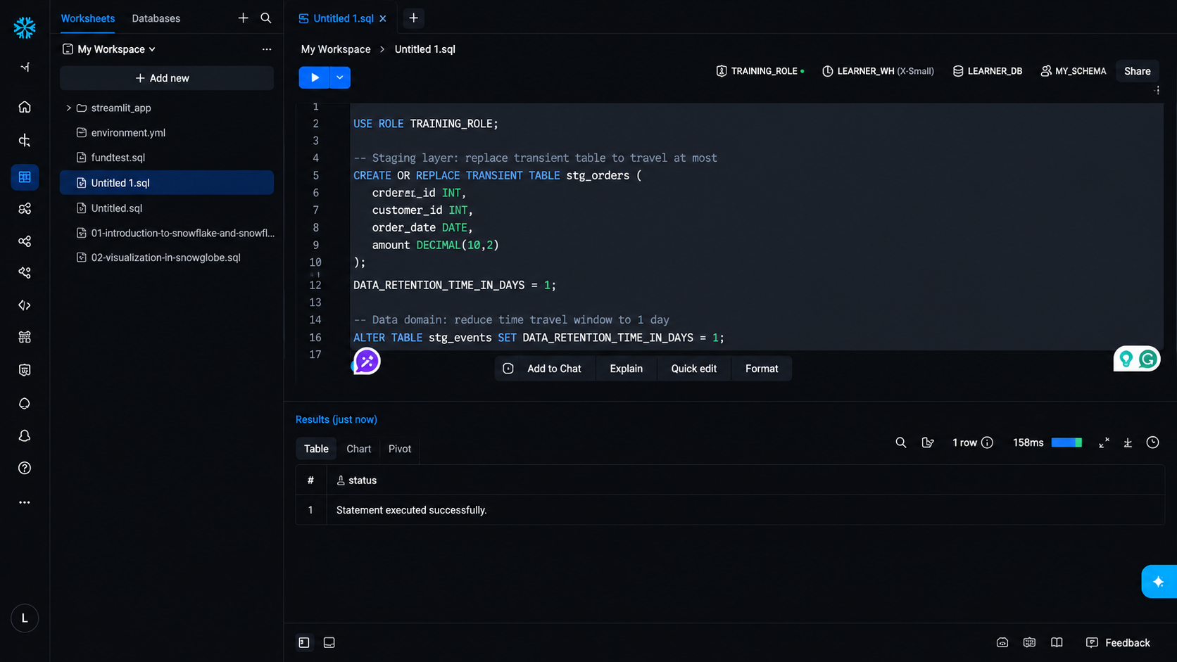 Snowflake dark mode SQL worksheet creating a transient table and configuring data retention with successful execution.