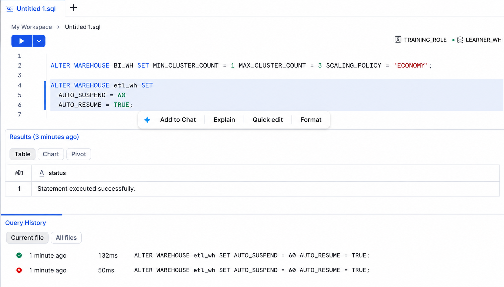 Snowflake SQL worksheet showing ALTER WAREHOUSE AUTO_SUSPEND and AUTO_RESUME settings with successful query execution.