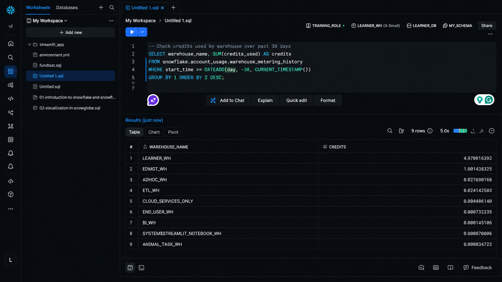Snowflake dark mode SQL worksheet displaying warehouse credit usage by warehouse with query results.