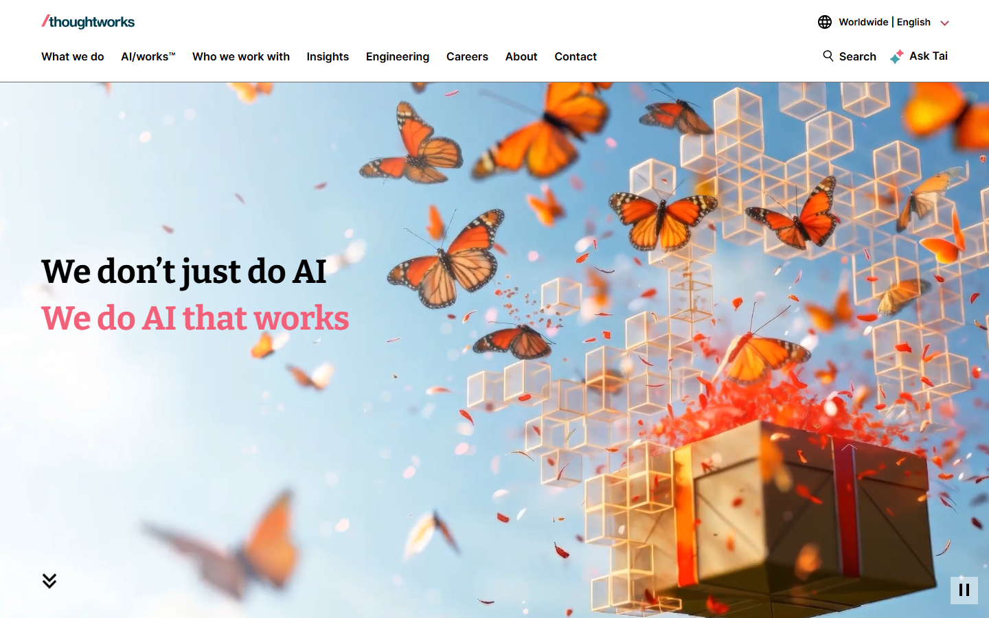 Thoughtworks homepage with an AI that works headline over monarch butterflies rising from an open gift box.
