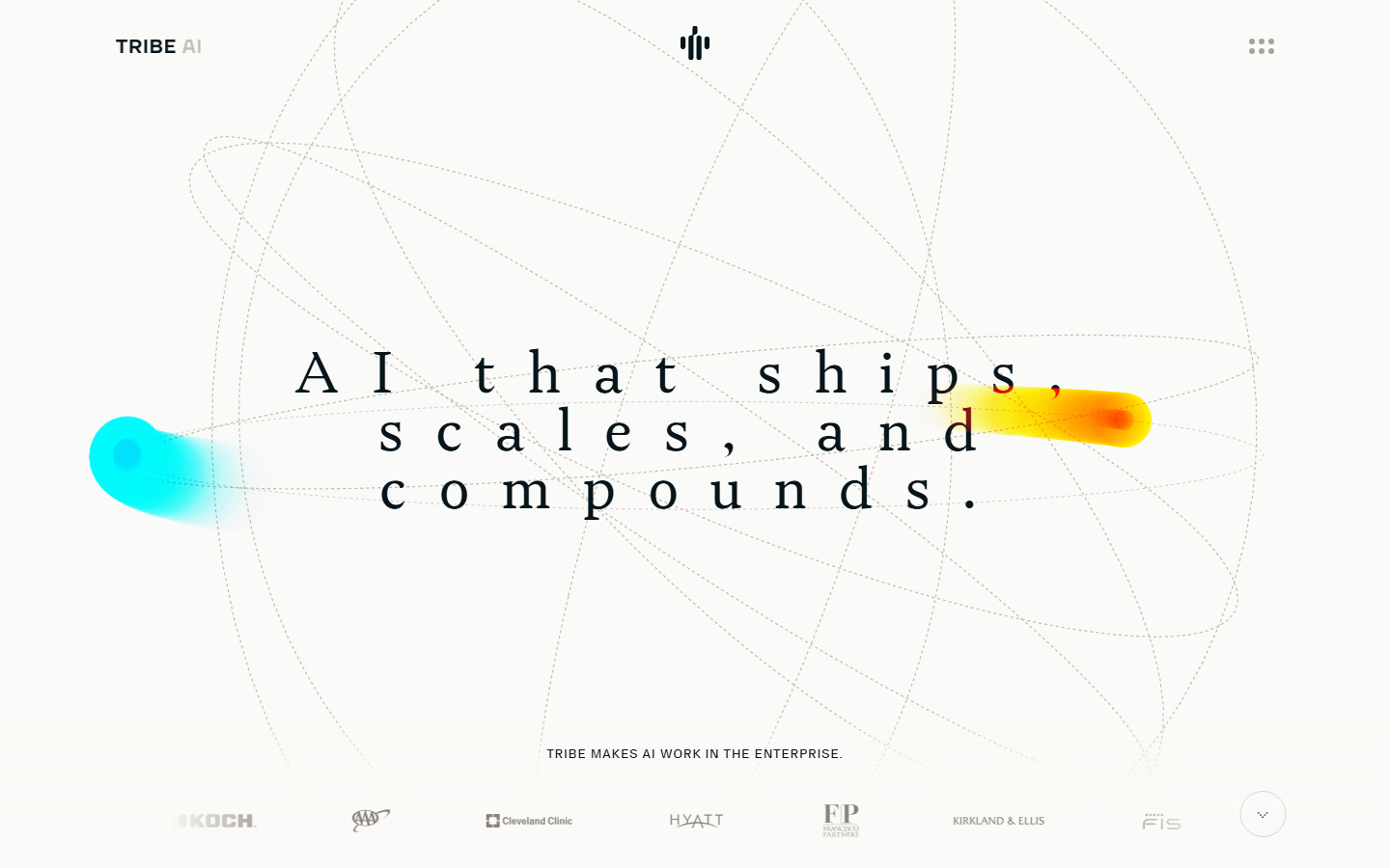 Tribe AI homepage with a spaced serif headline on orbit lines and enterprise client logos along the bottom.