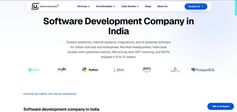 Unico Connect page promoting custom software development in India with AI-powered solutions and modern technology expertise.