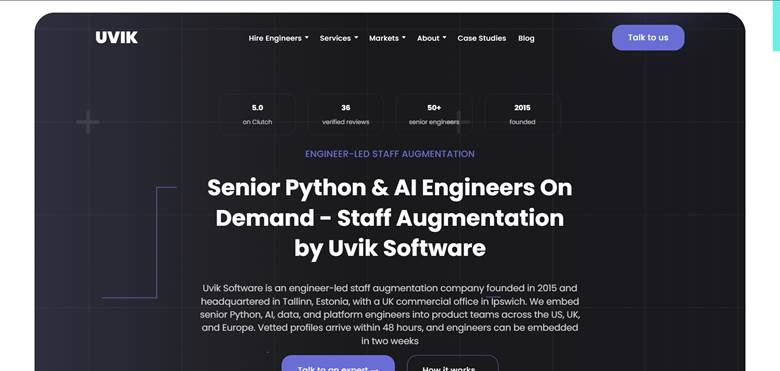 UVIK Software page promoting senior Python and AI engineers on demand through engineer-led staff augmentation services.