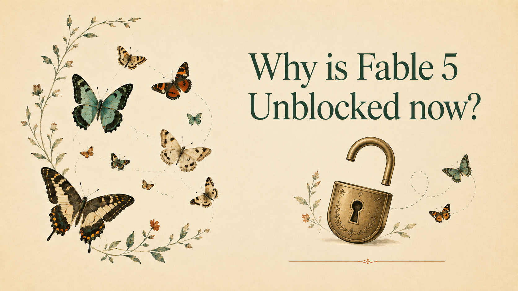 Vintage-style illustration of butterflies and an open padlock beside the text “Why is Fable 5 unblocked now?”